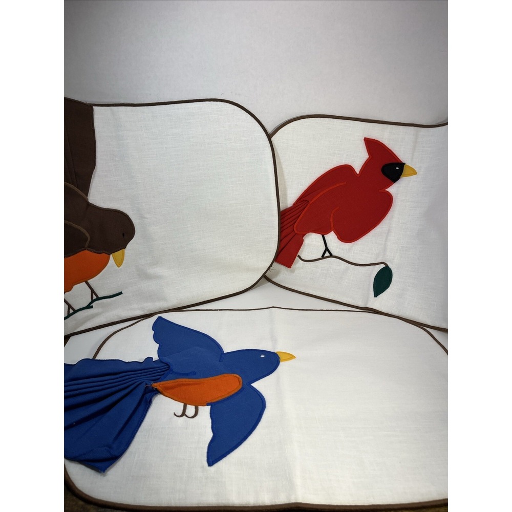 Placemats Set Of 3 Birds Napkin Wings Hand Stitched Cardinal Blue Jay Robin 19"